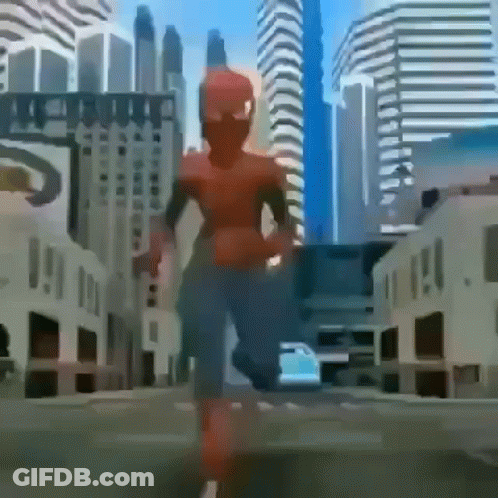 Man In Spiderman Costume Running On Street GIF