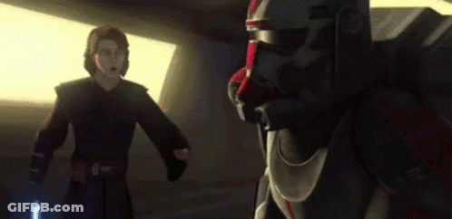 Man In Star Wars Costume Next To Clone Trooper With Lightsaber GIF