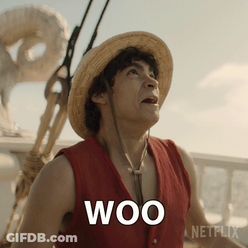 Man In Straw Hat And Red Vest With Woo Above Head GIF
