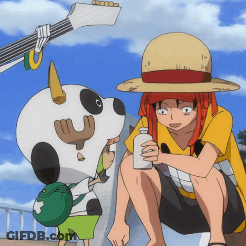 Man In Straw Hat Holding Bottle Near Cartoon Dog GIF