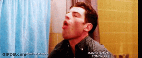 Man In Striped Shirt Mouth Open Blue Shower Curtain GIF