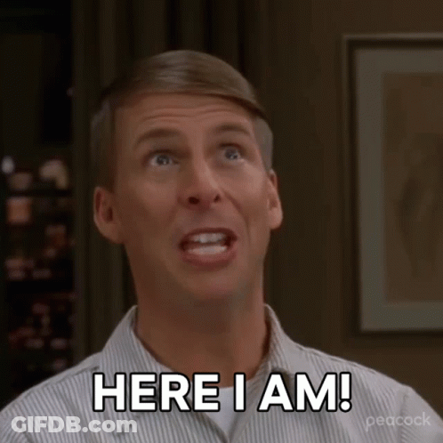Man In Striped Shirt Saying Here I Am GIF