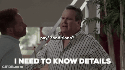 Man In Striped Shirt Says Pay Conditions GIF