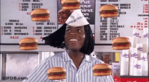 Man In Striped Shirt Surrounded By Hamburgers GIF