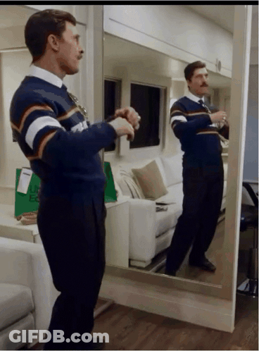 Man In Striped Sweater Holding Wine In Front Of Mirror GIF