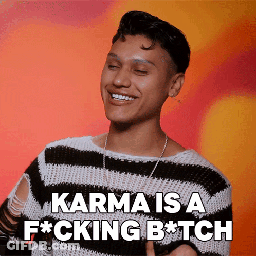 Man In Striped Sweater Karma Is A Fucking Bitch GIF
