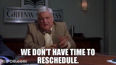 Man In Suit And Bow Tie Saying No Reschedule GIF