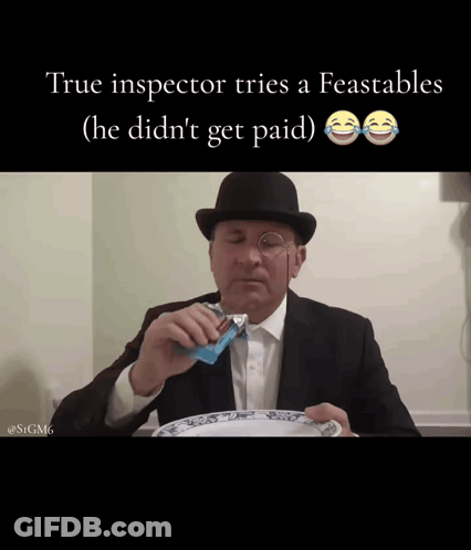 Man In Suit And Bowler Hat Eating Chocolate Bar True Inspector Tries Feastables GIF