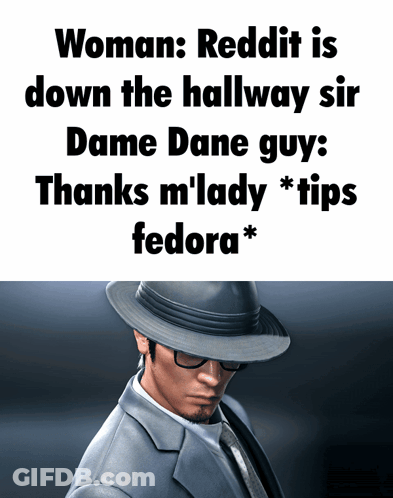Man In Suit And Hat Saying Reddit Is Down The Hallway Sir GIF