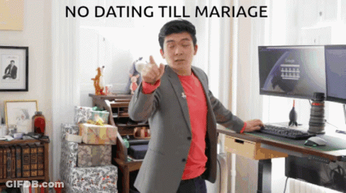 Man In Suit And Red Shirt With No Dating Till Marriage GIF