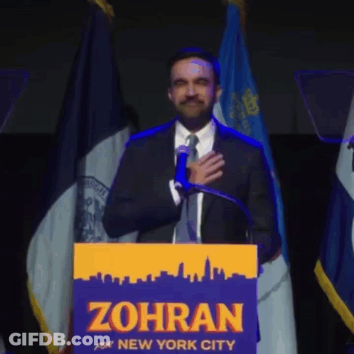 Man In Suit And Tie At Podium Saying Zohran For New York City GIF