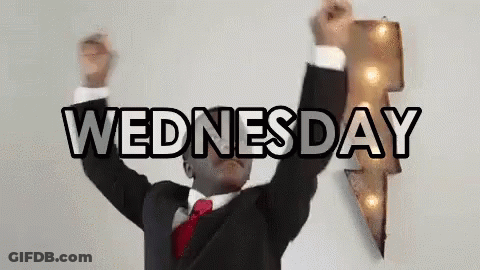 Man In Suit And Tie Dancing In Front Of Lightning Bolt Saying Wednesday GIF