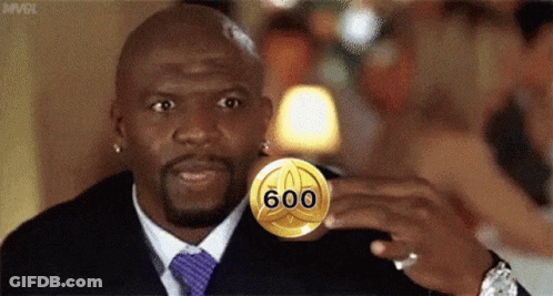 Man In Suit And Tie Holding Gold Coin Saying 600 GIF