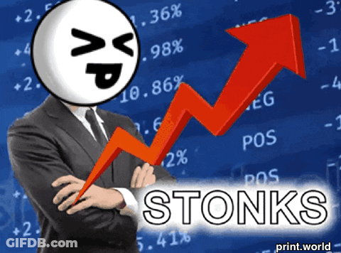 Man In Suit And Tie Holding Red Arrow Saying Stonks GIF