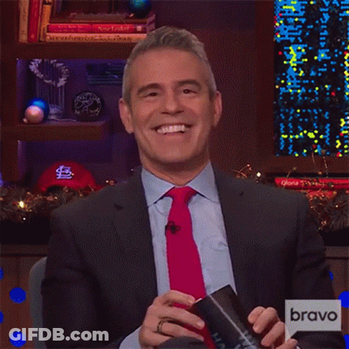 Man In Suit And Tie In Front Of Bravo Screen GIF