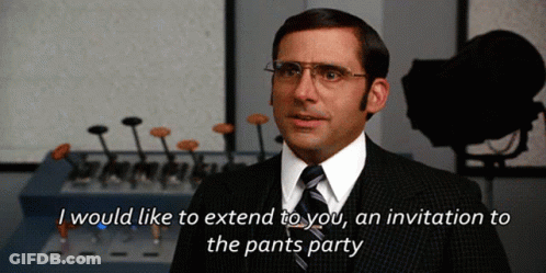 Man In Suit And Tie Inviting To Pants Party GIF