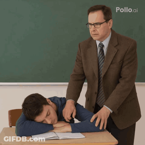 Man In Suit And Tie Next To Sleeping Student At Blackboard Saying Pollo.ai GIF