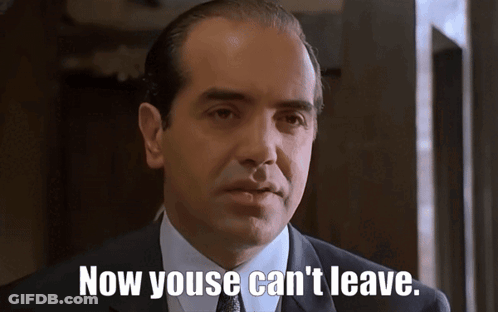 Man In Suit And Tie Saying Now Youse Can't Leave GIF