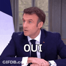 Man In Suit And Tie Saying Oui Near Flag GIF