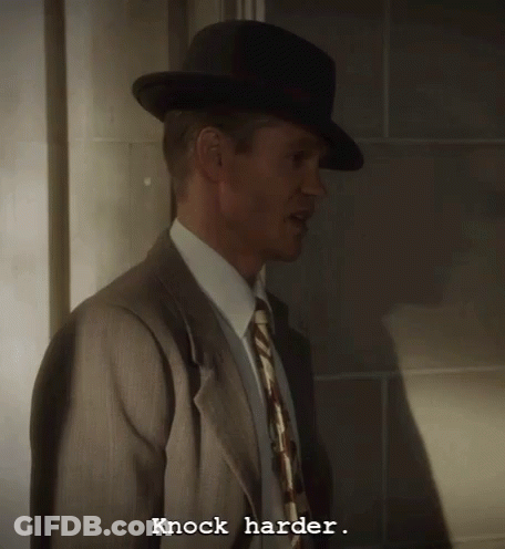 Man In Suit And Tie Says Knock Harder GIF