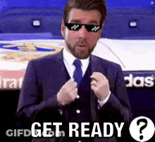 Man In Suit And Tie Wearing Sunglasses Says Get Ready GIF