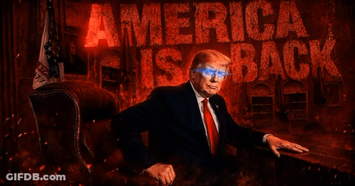 Man In Suit And Tie With America Is Back Sign GIF