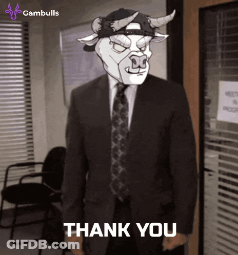 Man In Suit And Tie With Bull Mask Says Thank You GIF