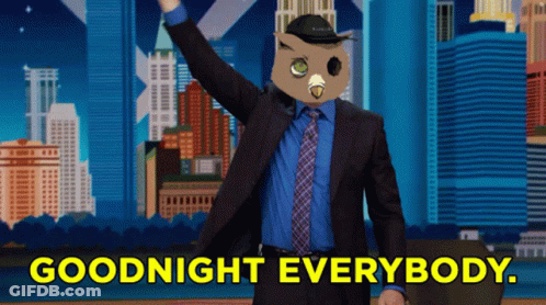 Man In Suit And Tie With Owl Mask Says Goodnight Everybody GIF