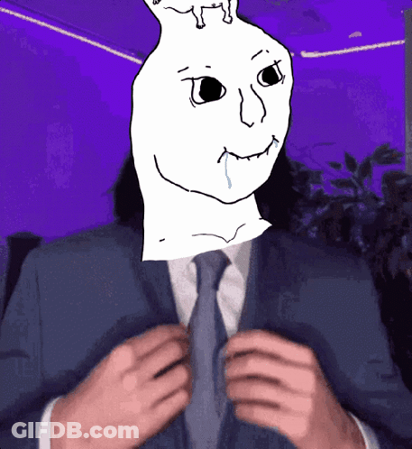 Man In Suit And Tie With White Face On Head GIF