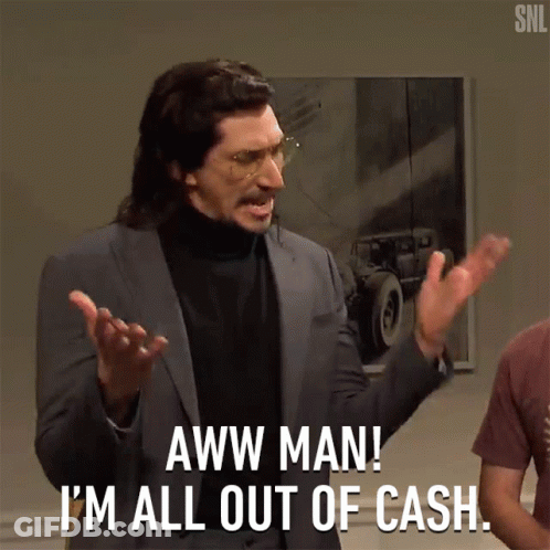 Man In Suit And Turtleneck Saying Out Of Cash GIF