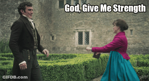 Man In Suit And Woman In Blue Dress Saying God Give Me Strength GIF