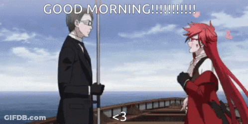 Man In Suit And Woman In Red Coat Saying Good Morning GIF