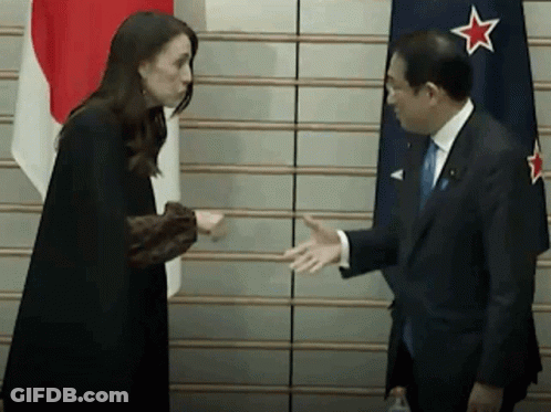 Man In Suit And Woman Shaking Hands By Flag GIF