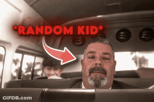 Man In Suit At Back Of Bus With Red Arrow Random Kid GIF