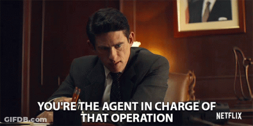 Man In Suit At Desk Says You're The Agent In Charge GIF