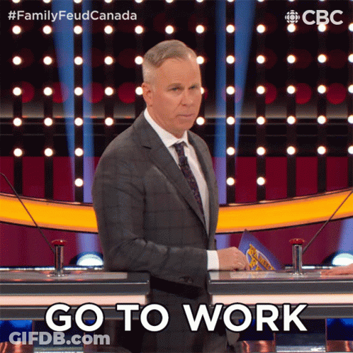 Man In Suit At Microphone Saying Go To Work GIF