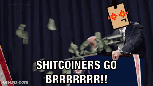 Man In Suit At Podium With Money Falling Shitcoiners Go Brrrrrrr GIF