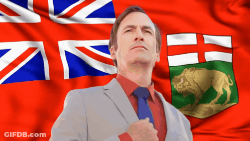 Man In Suit Before British And Canadian Flags GIF