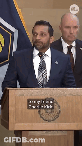 Man In Suit Behind Podium Saying To My Friend Charlie Kirk GIF