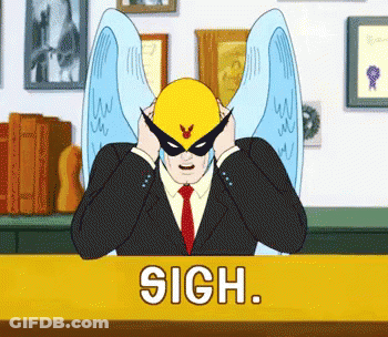 Man In Suit Covering Ears Behind Sigh Sign GIF