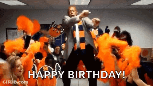 Man In Suit Dancing Before Cheerleaders Saying Happy Birthday GIF