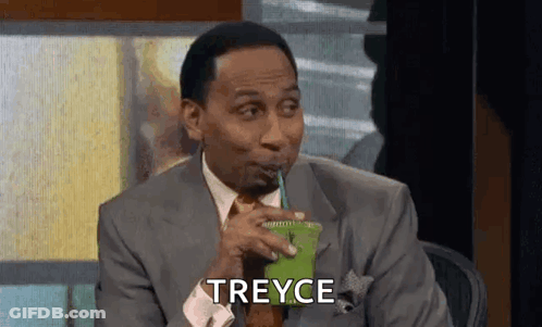 Man In Suit Drinking Green Smoothie Saying Treyce GIF
