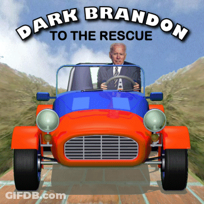 Man In Suit Driving Red And Blue Car Dark Brandon To The Rescue GIF