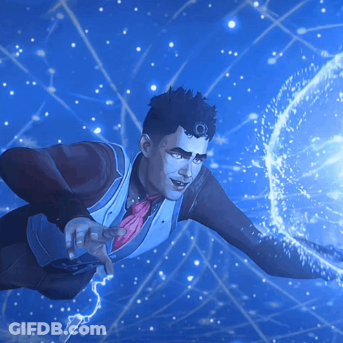 Man In Suit Flying Through Air With Blue Background GIF