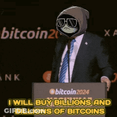 Man In Suit Giving Speech At Bitcoin Podium GIF
