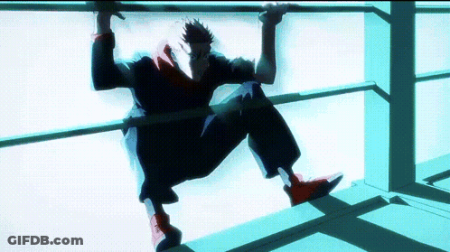 Man In Suit Hanging From Railing GIF