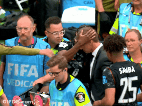 Man In Suit Helped By People In FIFA Vests GIF
