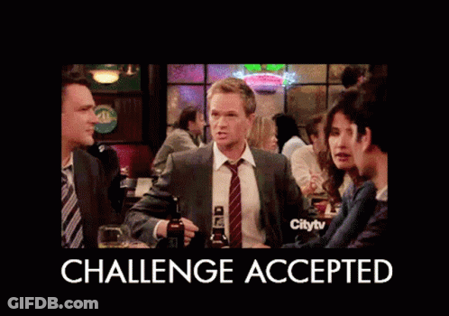 Man In Suit Holding Beer In Front Of Challenge Accepted Sign GIF