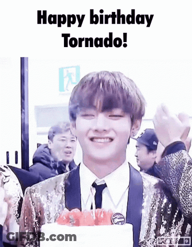 Man In Suit Holding Cake Says Happy Birthday Tornado GIF