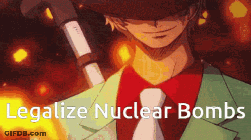 Man In Suit Holding Cane Saying Legalize Nuclear Bombs GIF